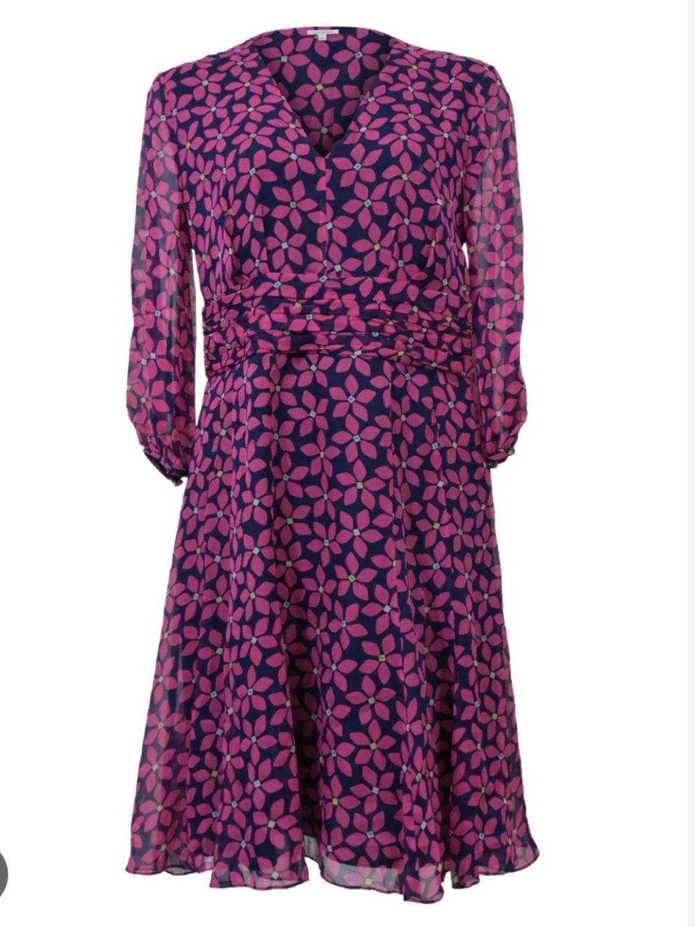Diane Von Furstenberg Pink Floral V-Neck Long Sleeve Dress on Navy
